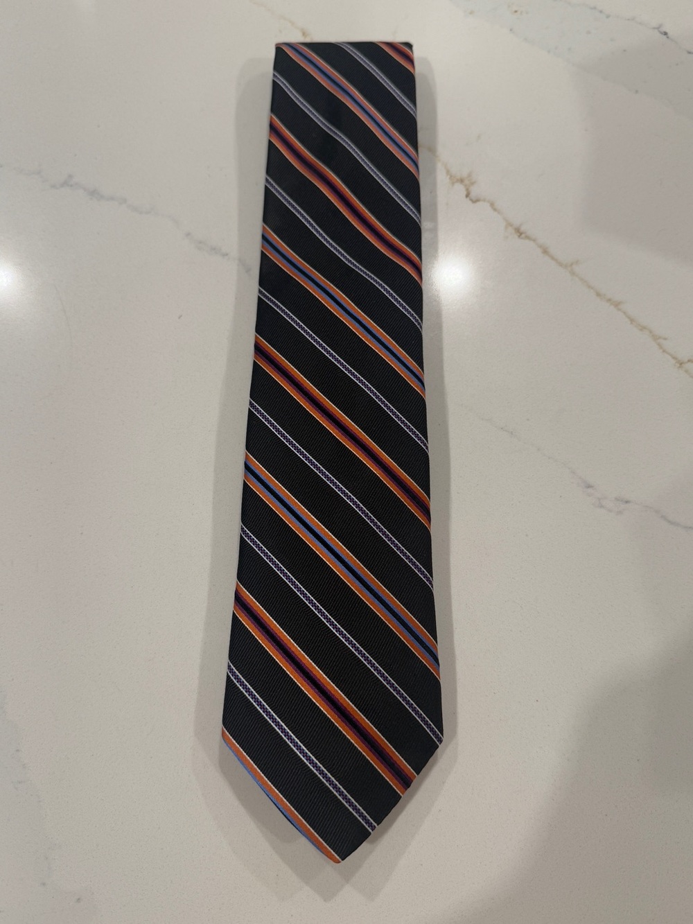 DION 100% Italian Silk Tie Handcrafted in Canada Black Orange Blue Striped NWT